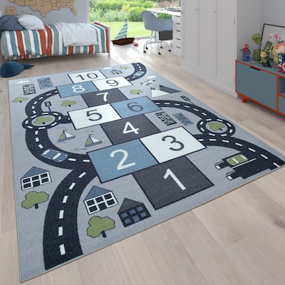 Kids Rug Play Mat Hopscotch Street - Non Slip Rug in Grey White & Slate Blue