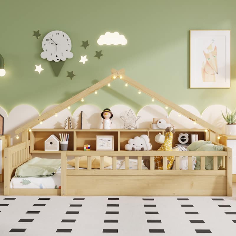 Floor Bed House Bed Frame with Storage Shelf Safety Guardrails