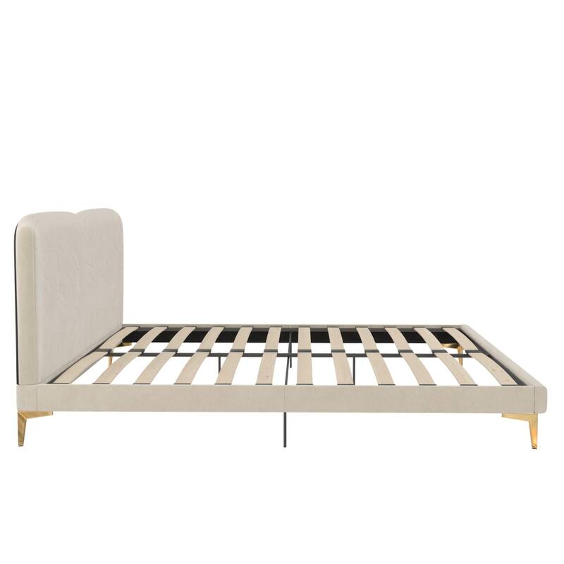 Roomfitters Coco King Velvet Upholstered Platform Bed Frame with Curved Headboard, Ivory
