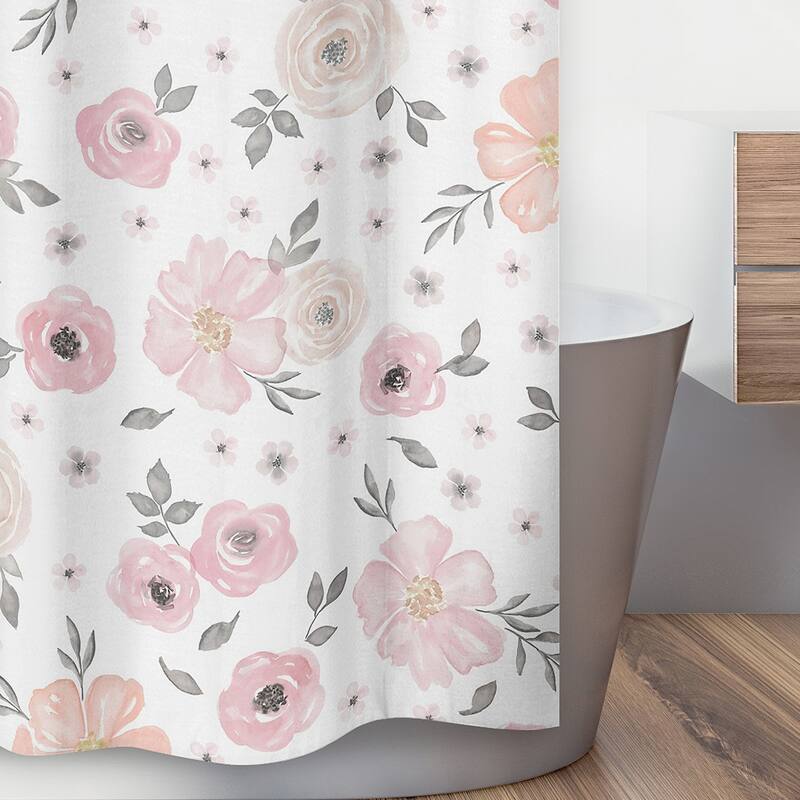 Sweet Jojo Designs Blush Pink, Grey and White Watercolor Floral Collection Bathroom Fabric Bath Shower Curtain