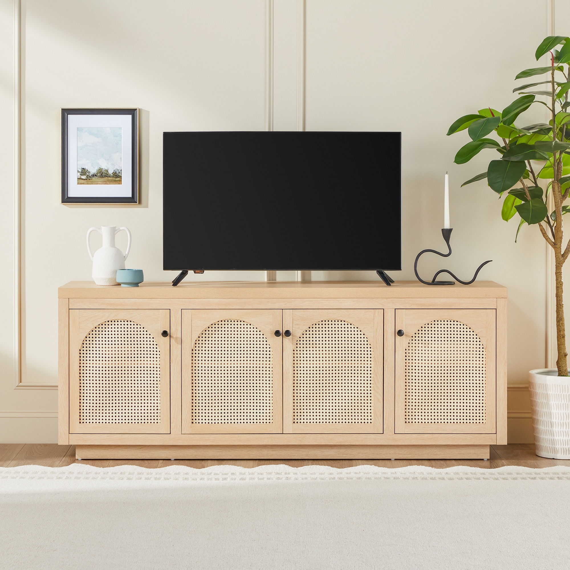 Walker Edison Contemporary TV Stand and Sideboard with Rattan Doors