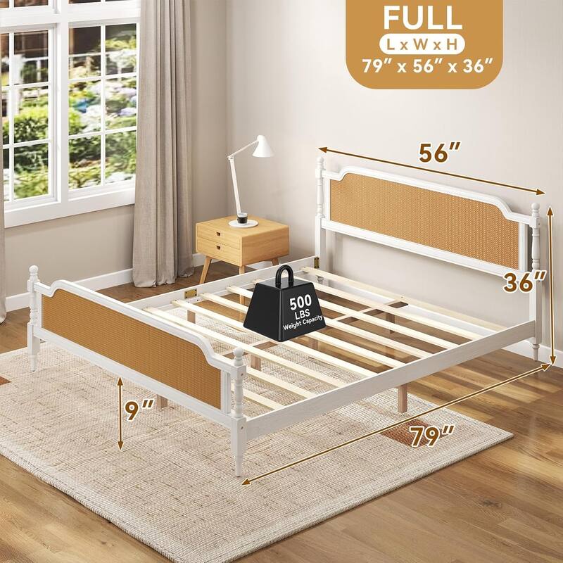 Full Size Bed Frame, Full Platform Bed Frame with Natural Rattan Headboard and Footboard, Solid Pine Wood
