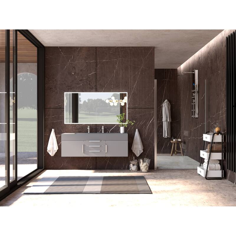 Nile 60" Wall Mounted Bathroom Vanity Set with Gray Solid Surface Top