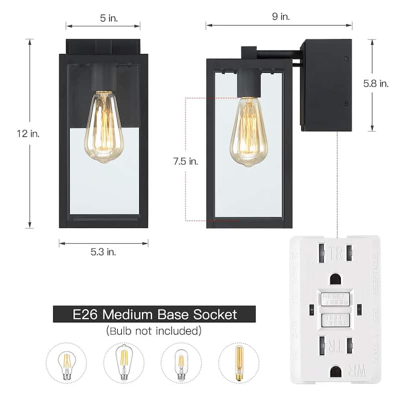 1-Light Black Outdoor Wall Sconce Light with Built-In GFCI Outlets-12"H x 5.3"W x 9"E - 12"H