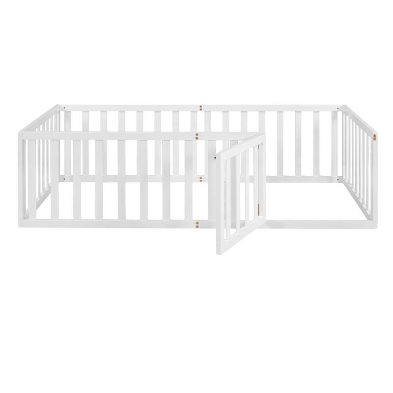 Versatile Wooden Floor Bed Frame without Slats, Solid Pinewood Kids Bed Frame with Fence and Door