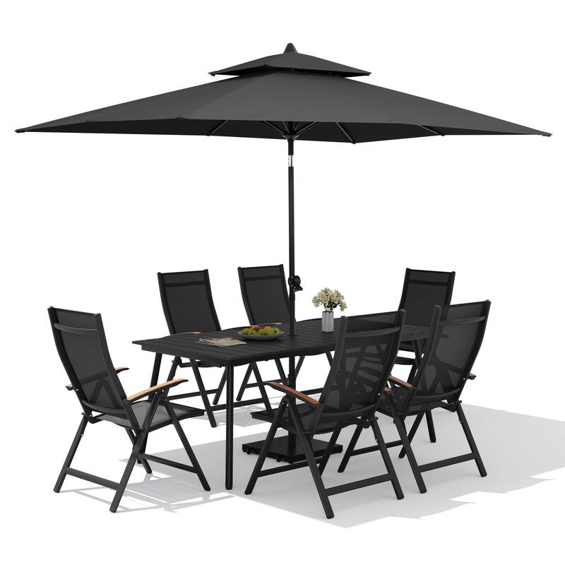 9PC Outdoor Patio Dining Set Aluminum Table with Folding Armchairs w/ Premium Market Umbrella Sets