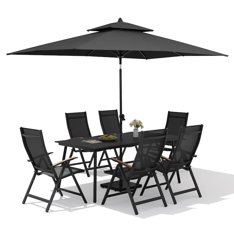 9PC Outdoor Patio Dining Set WoodLike Aluminum Umbrella Hole Table with Folding Chairs,Double Top Market Umbrella and Wheel Base