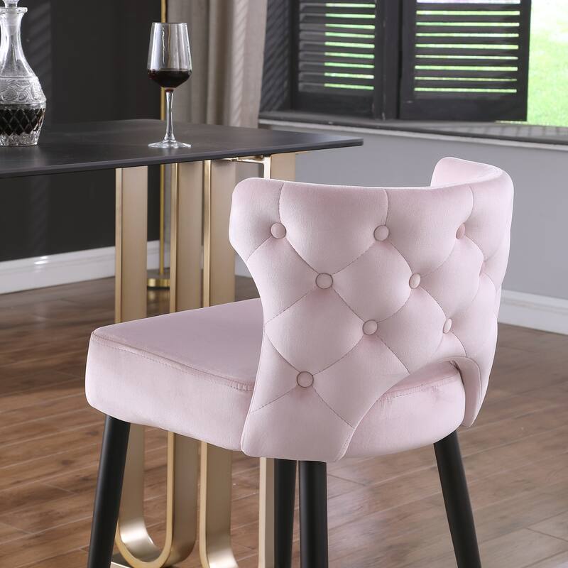 Contemporary Velvet Thick Upholstered Counter Bar Stool Set of 2,with Gold Tipped and Black Metal Legs