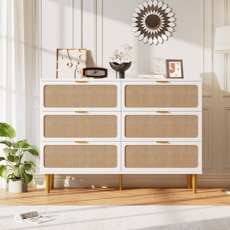 Rattan 6 Drawer Dresser for Bedroom, Large Double Dresser with Deep Drawers - White_6 Drawers - 6-drawer
