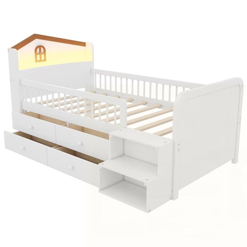 Wooden Twin Loft Bed with House Shape Headboard