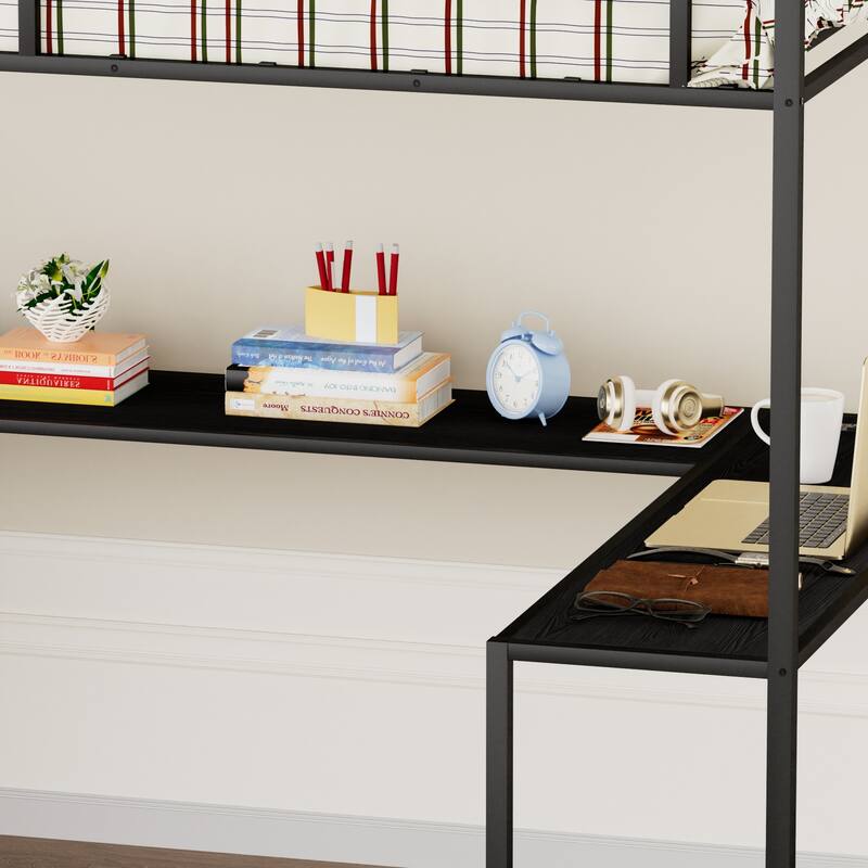 Full Size Loft Bed with L-Shaped Desk, LED RGB Lights, Charging Cradle, Fabric Storage Drawers, Safety Rails & Ladder