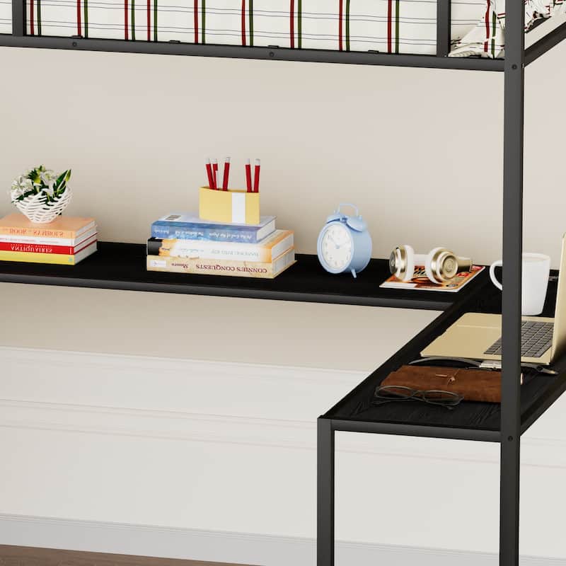 Full Size Metal Loft Bed with L-Shaped Desk, RGB LED Lighting, USB Charging Station, Wardrobe Cabinet, Drawers, Ladder