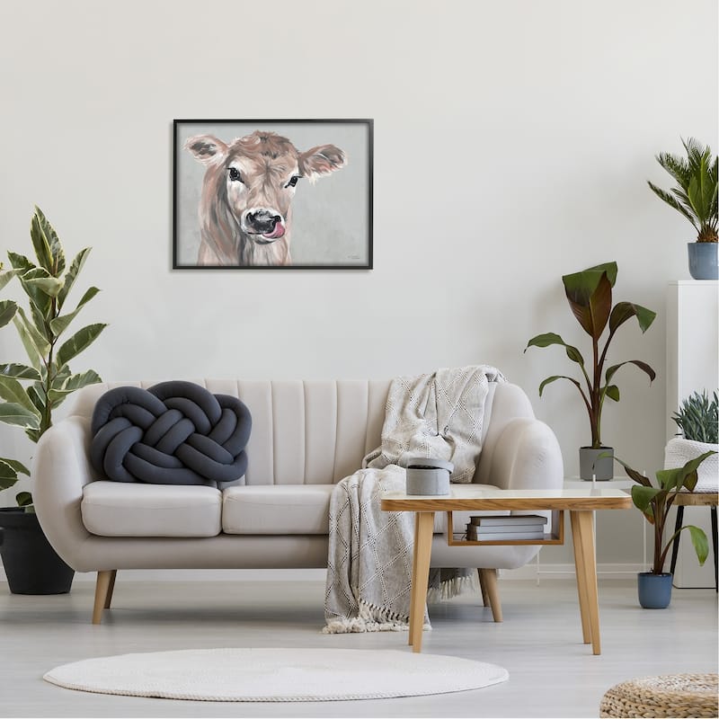 Stupell Cute Baby Farm Cow Calf Licking Lips Portrait Framed Wall Art - Grey