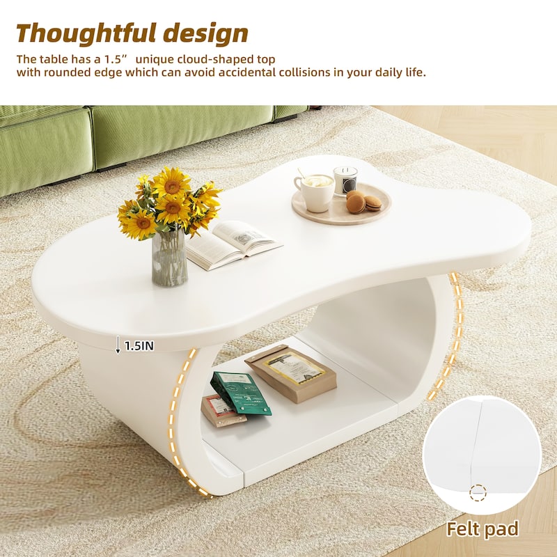 Modern Cloud Coffee Table with Thick Tabletop and Curved Legs, Cream Style Accent Table - 39.3" W × 23.6" D × 17.7" H