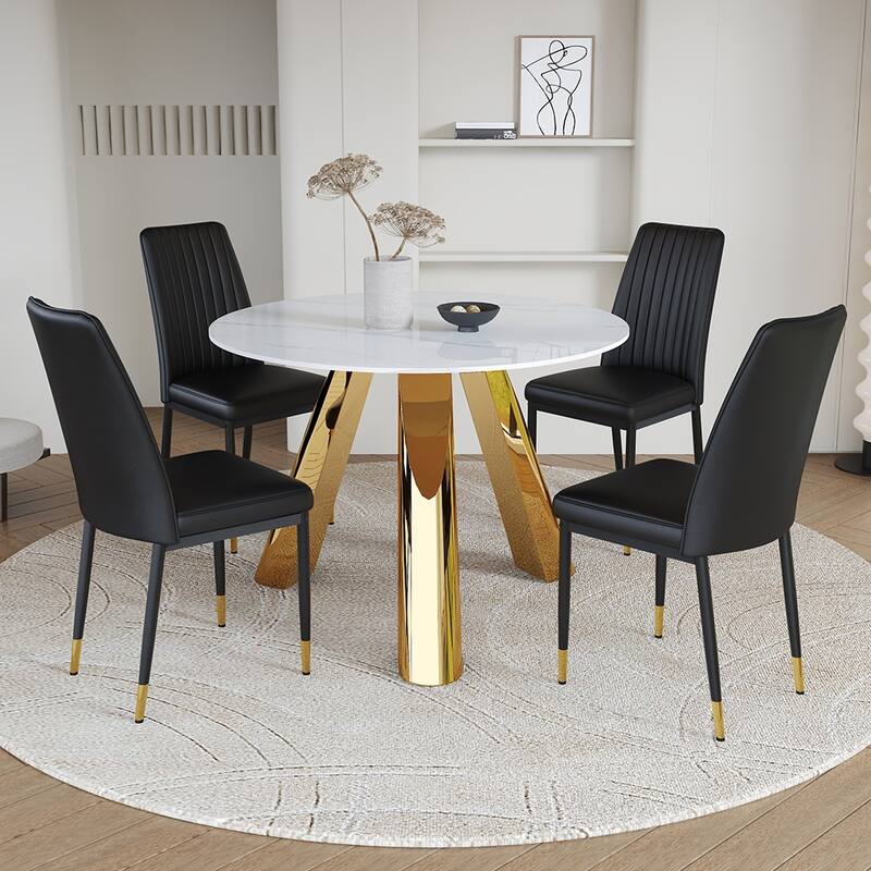 42-inch Round White Scorched Stone Dining Table with Stainless Steel Base & 4-Piece Black PU Chair Set Metal Legs - Black