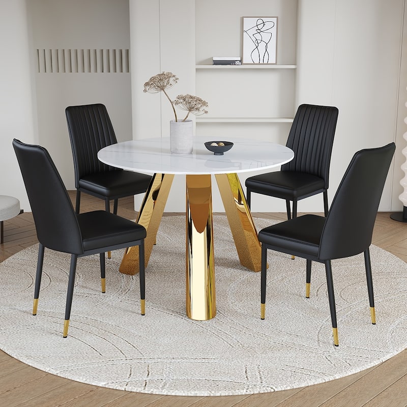 A 42-Inch Round Dining Table With Cast Iron Base And Stainless Steel Legs, Paired With Four White-Gray Striped Dining Chairs