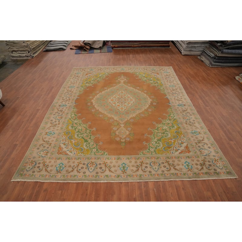 Hand Knotted Oriental 100% Wool Carpet Traditional Medallion Oranges & Rust Tabriz Area Rug - 12' 9'' X 9' 9''