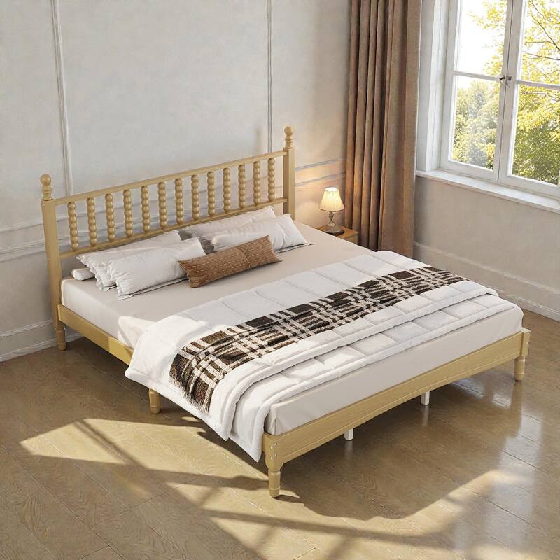 Retro Wood Platform Bed with Gourd Shaped Headboard, Wooden Slat Support, No Box Spring Needed