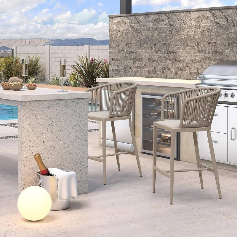 PURPLE LEAF Outdoor Bar Stools Chair Set of 2, All Weather Rattan and Aluminum Patio Bar Stool with Cushion - Cream-Height stool