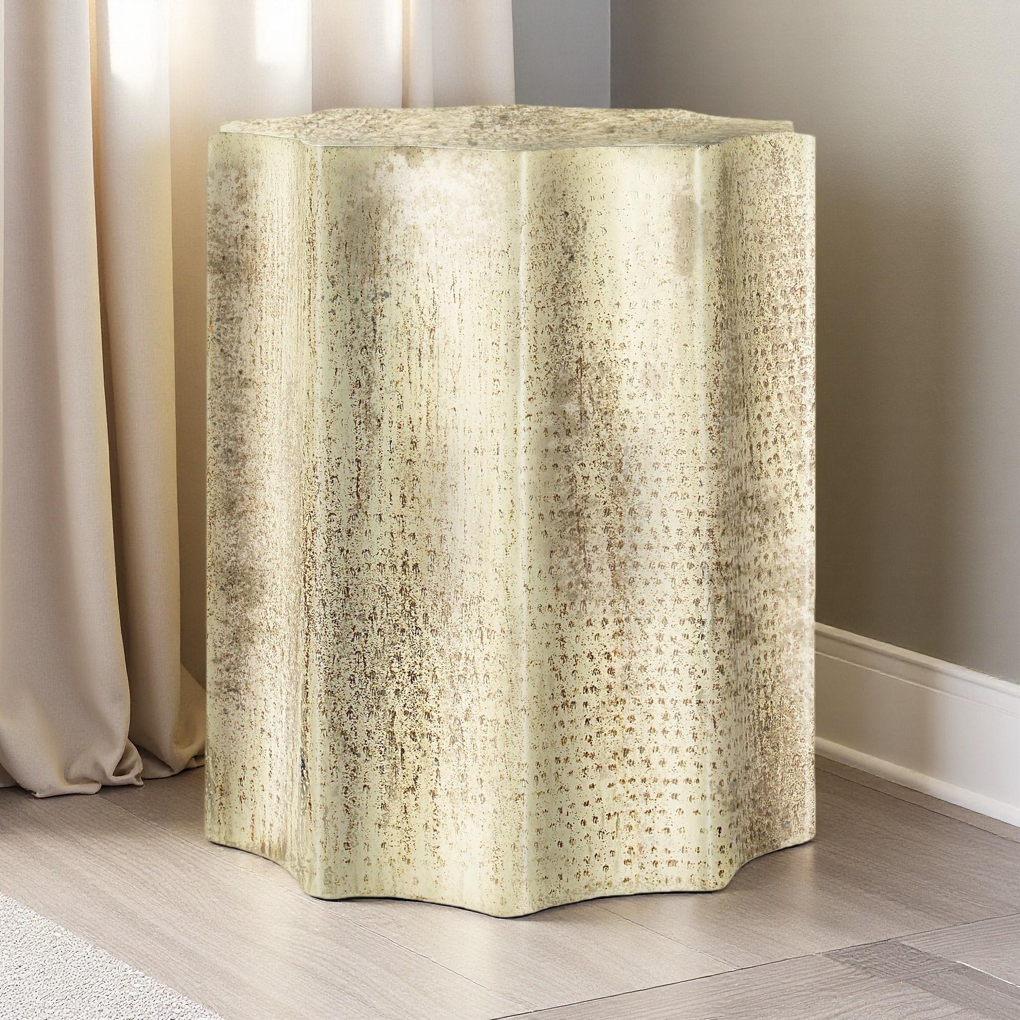 20"L Metal Drum Accent Table with Scalloped Design and Hammered Texture, Brushed Antique Finish, Nightstand Table for Bedroom