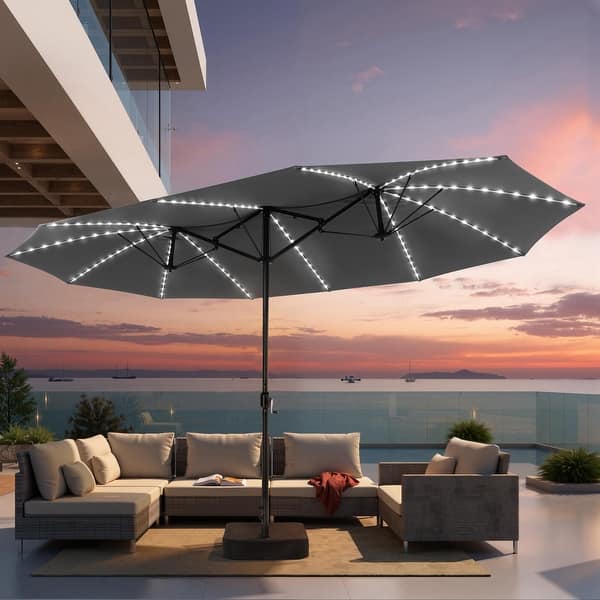 9' patio umbrella with led lights Solar for 9-10ft 8-Rib Remote Control The umbrella includes a weighted base with 2 fillable sandbags that support up to 88 lbs Outdoor Patio 9 x 15FT