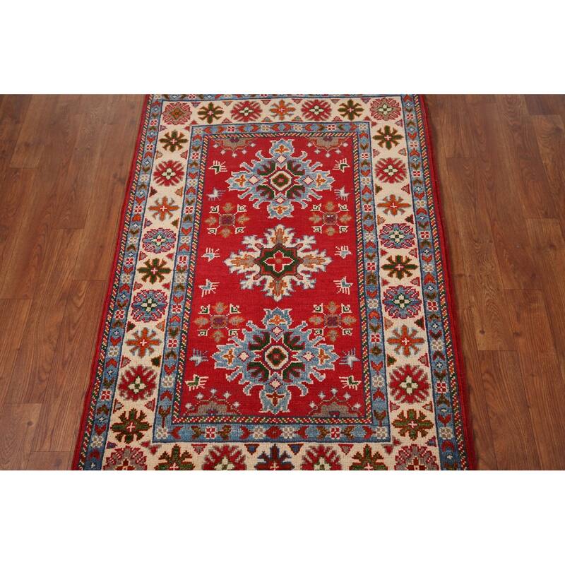 Geometric Kazak Foyer Rug Hand-Knotted Red Wool Carpet - 2'8" x 3'11"