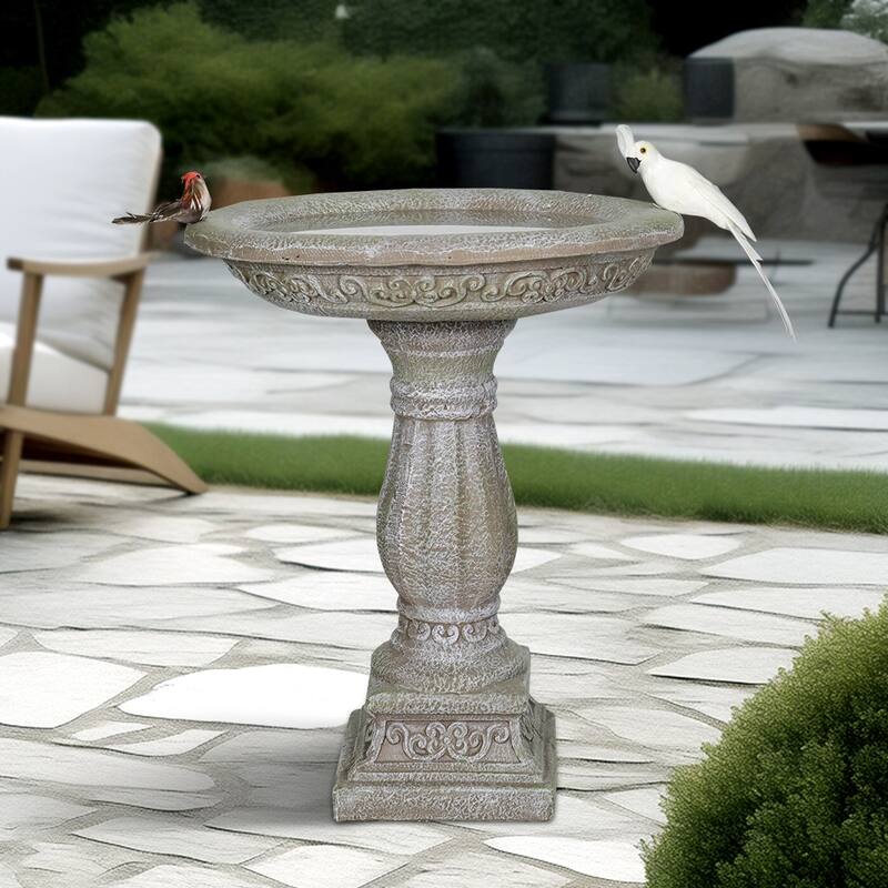 SunJet 23.8" H Concrete Bird Bath with Carved Pedestal - 23.8'' H X 20'' W X 20'' D