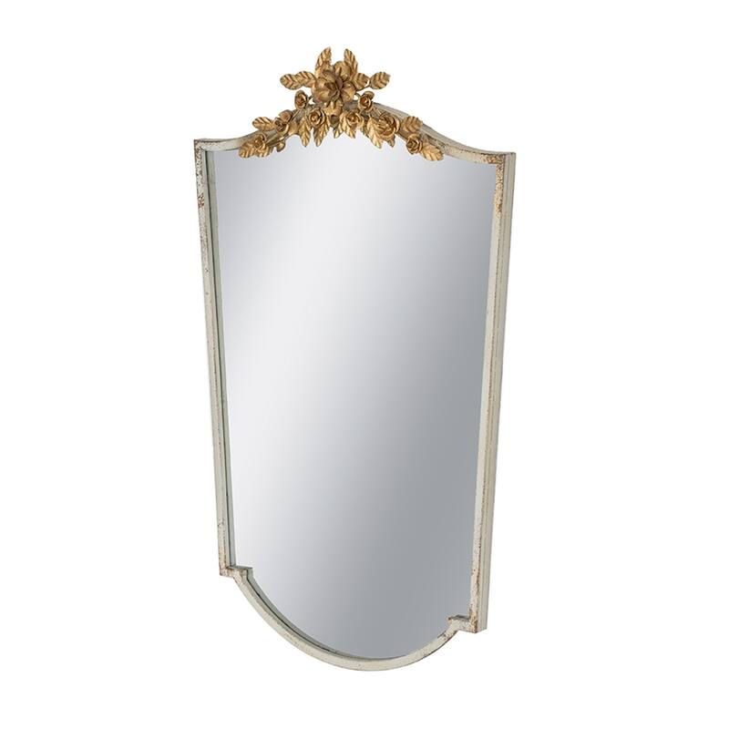 Decorative Arched Wall Mirror - Distressed Ivory Frame, Gold Floral Crown
