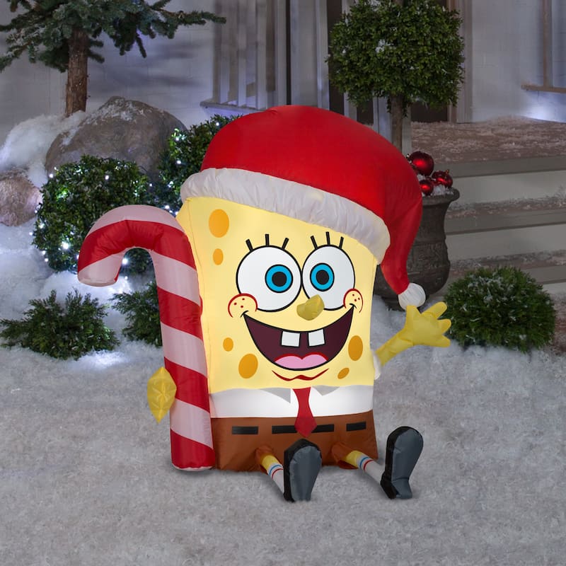 Gemmy Christmas Airblown Inflatable SpongeBob w/Candy Cane Nickelodeon, 3 ft Tall, yellow