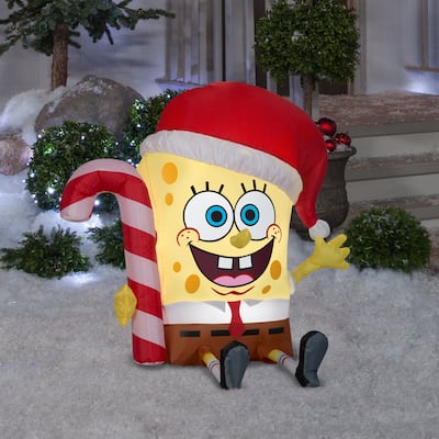 Gemmy Christmas Airblown Inflatable SpongeBob w/Candy Cane Nickelodeon, 3 ft Tall, yellow