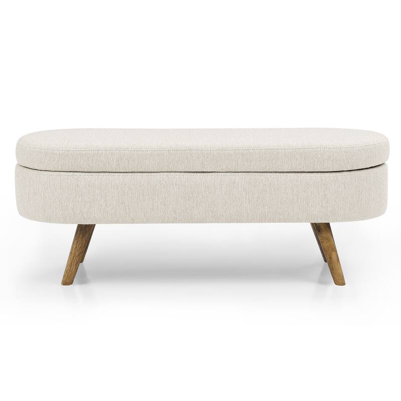 Oval Storage Ottoman Bench, Decorative End of Bed Bench 43.5 Inches Upholstered Storage Ottoman with Solid Wood Legs