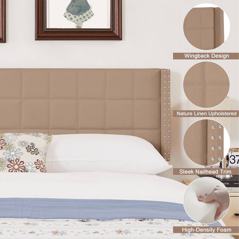 Javlergo Queen/King Size Adjustable Upholstered Headboard Modern Wingback Headboard with Double Nailhead Trimming