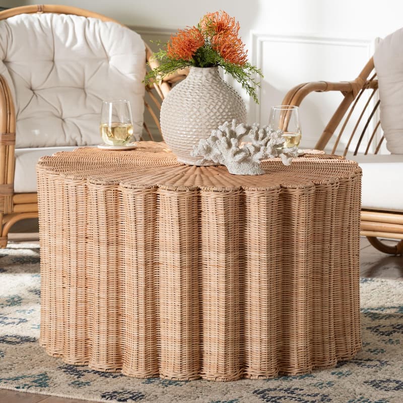 Kensley Natural Rattan Coffee Table - Handwoven Wicker Round Accent Table with Scalloped Silhouette, Boho Coastal Décor