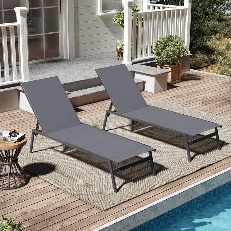 VredHom Outdoor Patio Stackable Adjustable Chaise Lounge Chairs - DarkGrey-2PC