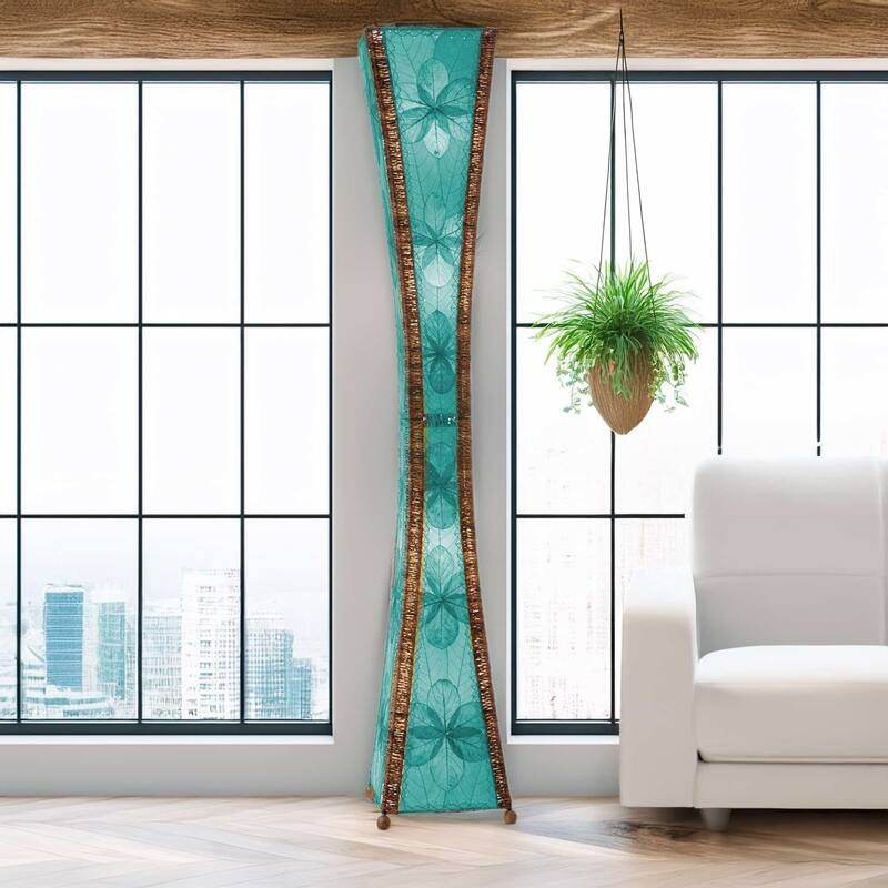 Eangee Handmade Hourglass Giant Floor Lamp, Jackfruit Leaves Shade, 13 x 13 x 72 in. - Teal