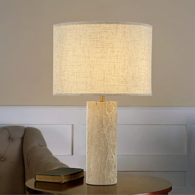 1-Light 22'' Modern Coastal Natural Cylinder Travetine Table Lamp With Beige Linen Shade For Bedroom and Living Room - W14''