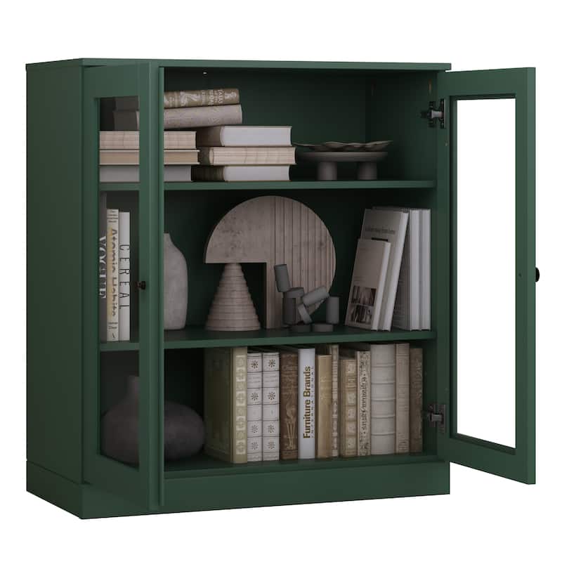 Palace Imports 100% Solid Wood 3-Shelf Bookcase, Clear Glass Doors, Adjustable Shelves, 32" Wide, 35.75" Tall