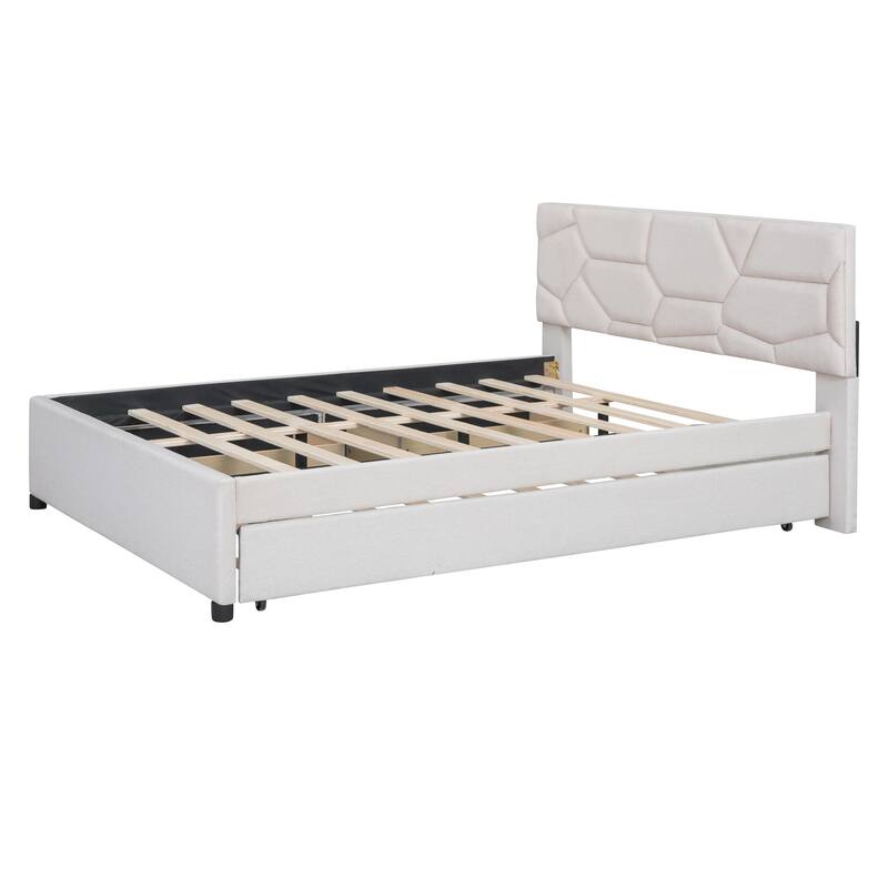 Full/Queen Size Upholstered Platform Bed with Stylish Brick Pattern Headboard, Trundle & 2 Drawers, Linen Fabric Comfort