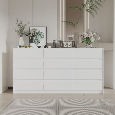 63" Chest of Drawers White Dresser No Handle, Modern 12 Drawer Dresser