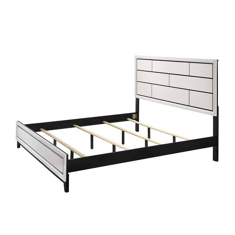Asir King Size Bed, Geometric Panel Headboard, Modern White Wood Finish