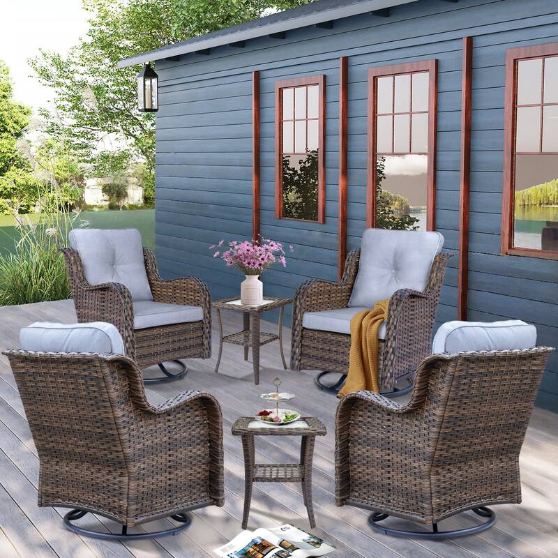 6 Piece Outdoor High Back Wicker Patio Conversation Swivel Chairs Sets