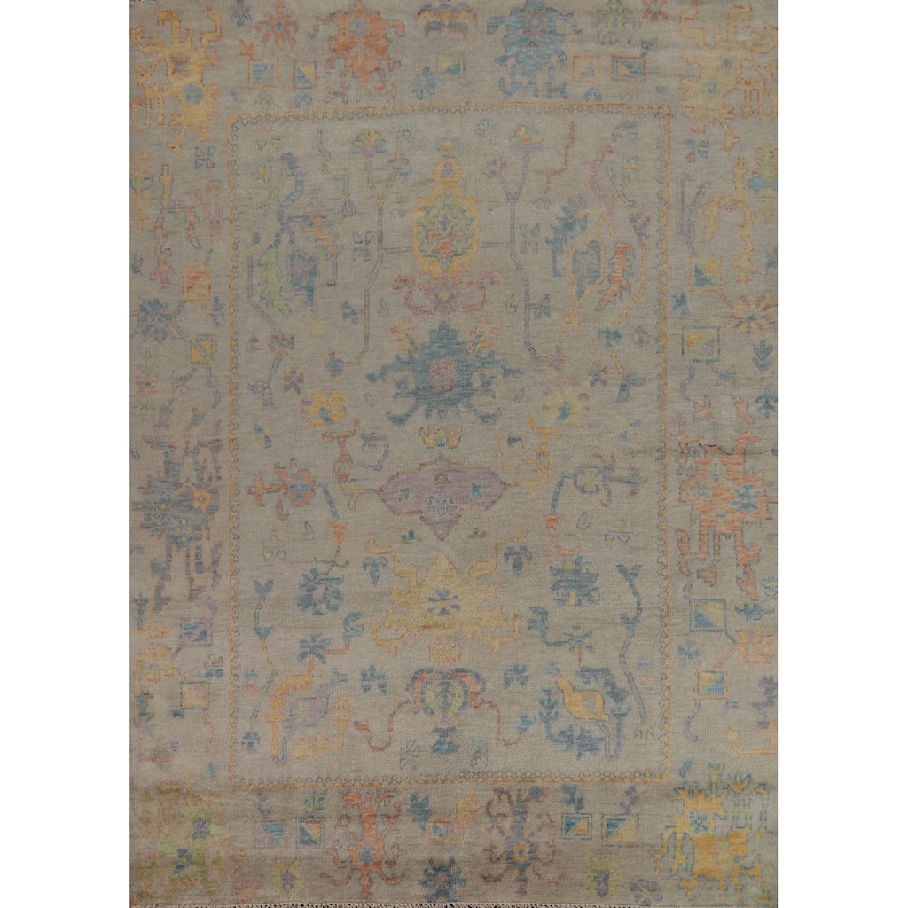 Floral Grey Oushak Indian Area Rug Hand-Knotted Wool Carpet - 7'11" x 9'10"