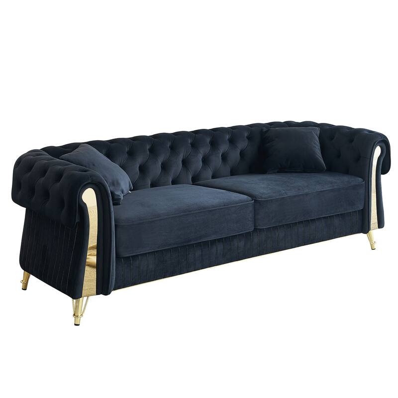 Oversized Chesterfield Tufted Sofa, Velvet Upholstered 3 Seater Sofa, Deep Seat Sofa with 2 Toss Pillows for Living Room