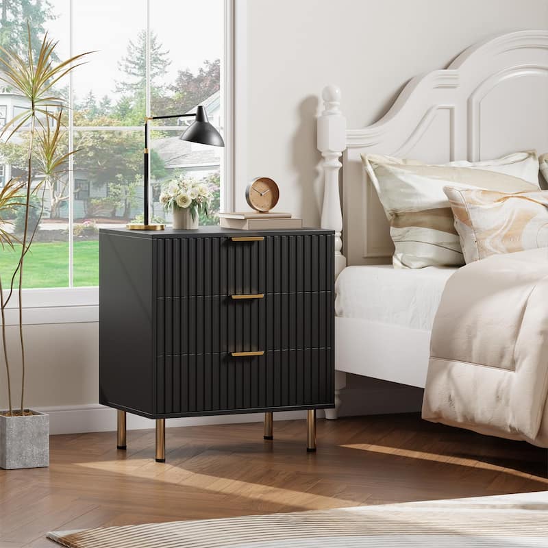 Fluted 3 Drawer Dresser for Bedroom, Modern Wooden Chest with Deep Drawers and Wide Top