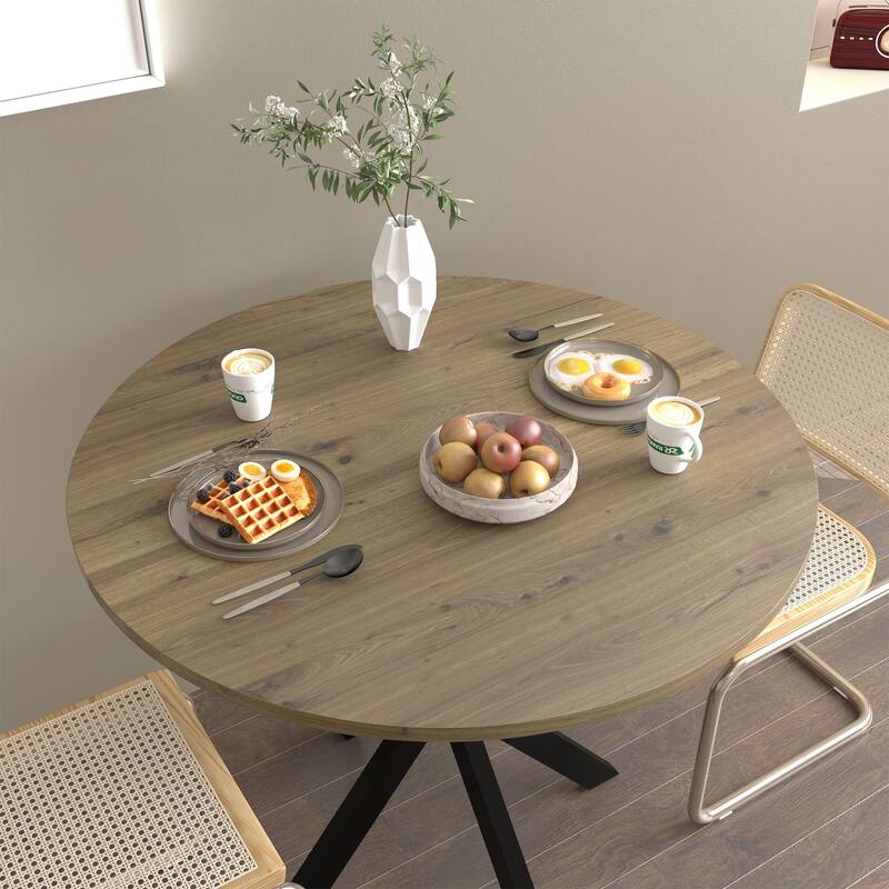 Anmytek Round Dining Table Modern Wood Top and Metal Frame Brown Industrial Kitchen Table