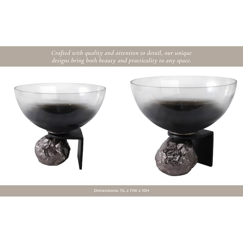 Glass Decorative Bowl with Textured Metal Base and Modern Glam Design