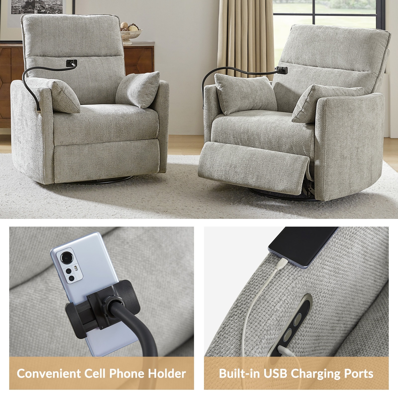 Barry Modern 38" Power Rocking Swivel Nursery Recliner with USB Ports by HULALA HOME