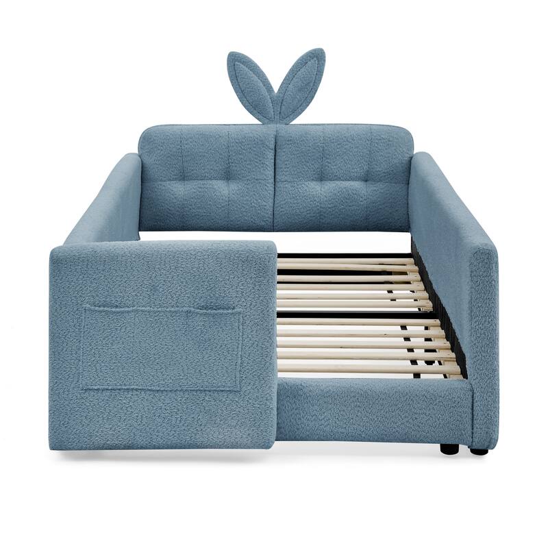 Cute Twin Size Platform Bed with Rabbit Ear Shaped Headboard, Safety Guardrails and Pockets, Boucle Fabric Upholstered Bed