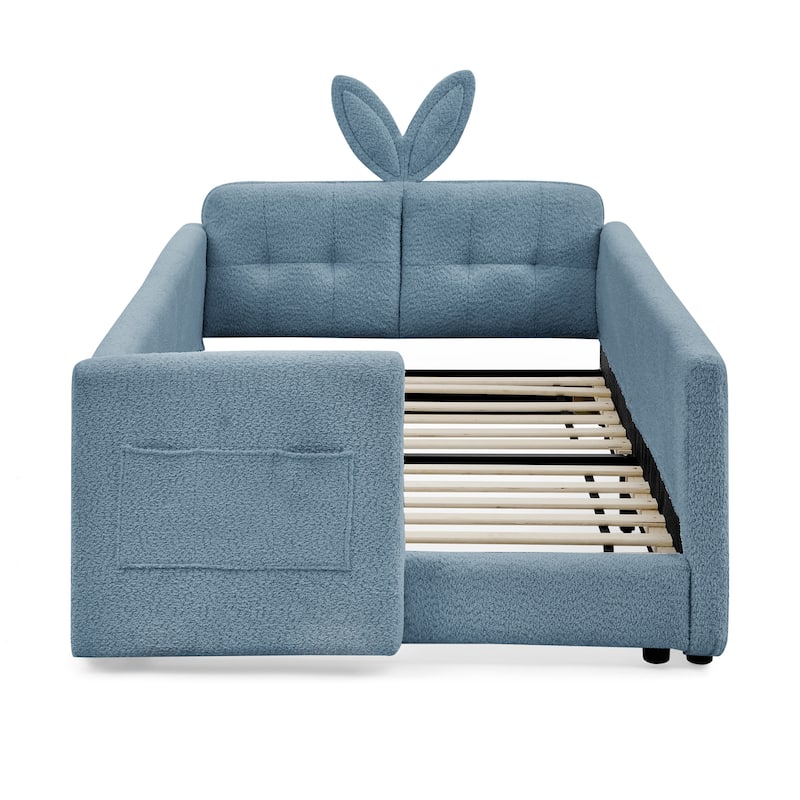Twin Size Platform Bed Upholstered Bed with Safety Rail and Pocket, Kids Bed with Rabbit Ear, Skin-friendly Boucle Fabric