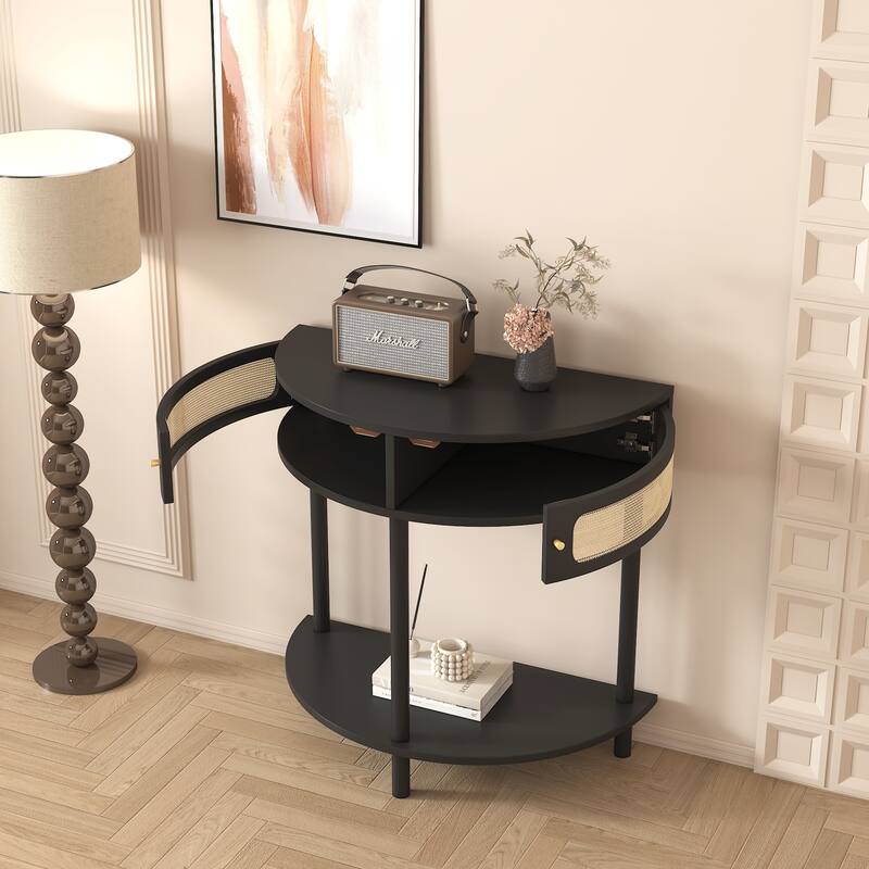 Unique Half Moon Design End Table ,Elegant Semicircle Sofa Side Table with 2 Rattan Storage Cabinet and Bottom Shelf